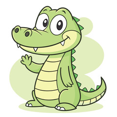 Fototapeta premium Cheerful cartoon alligator waves hello, showing a friendly and welcoming expression on transparent background