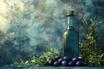 A bottle of dark olive oil sits amongst fresh herbs and olives against a textured teal background.