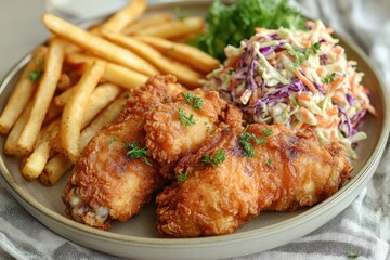 Crispy fried fish fillets served with golden french fries and creamy coleslaw.