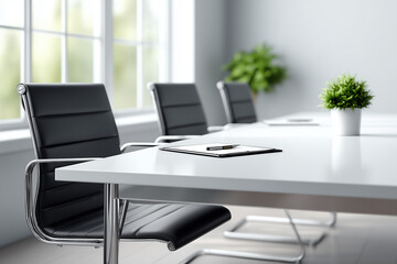 This contemporary meeting space features a sleek white table surrounded by modern black chairs, set against a bright window and minimalist gray walls, ideal for professional discussions.
