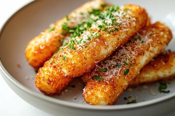 Crispy fried mozzarella sticks, golden brown and seasoned with fresh parsley and parmesan cheese.