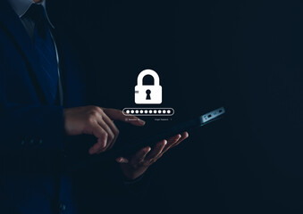 Cybersecurity dashboard interface showing data protection, secure login and network technology....