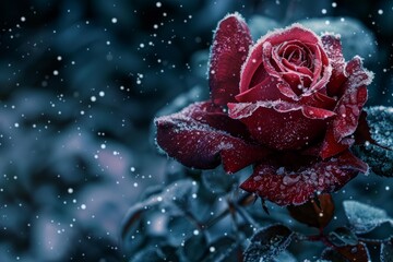 Frozen red rose covered with frost during snowfall in winter