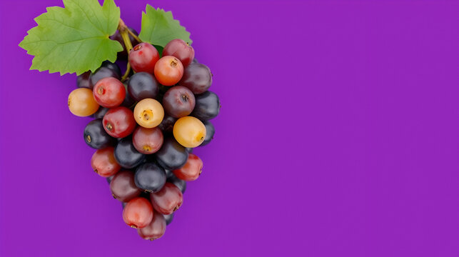 Purple background with bunch of ripe grapes, luscious, rich colors, cluster, concave shape, spherical shape