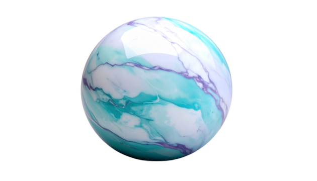 Marble patterned sphere with teal and white swirls and a glossy finish