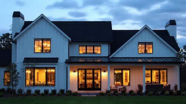 Exterior view of a modern farmhouse with white siding and black trim at dusk with green lawn