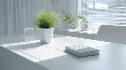 Fototapeta premium Light streams across a minimalist white table.