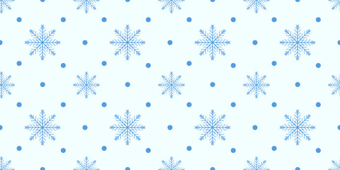 Seamless winter pattern with blue snowflakes and snowballs on a light background. Flat minimal design, light blue palette