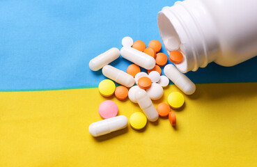 Ukrainian flag and pills. Concept of health care