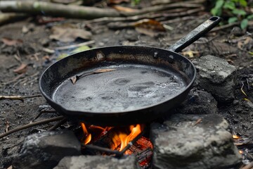 Cast iron frying pan warming on campfire embers outdoors, cooking in nature