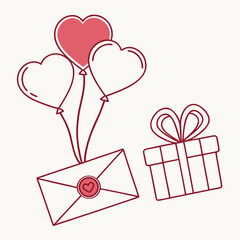 Outlined heart balloons are attached to an envelope with a gift box present