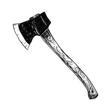 old shabby wooden axe black and white line art drawing, decorative sketch vintage Hand drawn on transparent background.