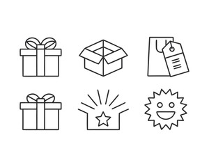 Gift and Celebration Line Icons Set &ndash; Includes Gift Boxes, Tags, Open Packages, Envelope with Star, and Smiley Face