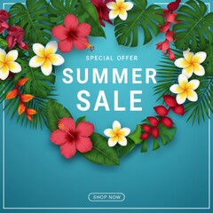 Summer sale banner design with flower exotic leaves on ocean blue color background