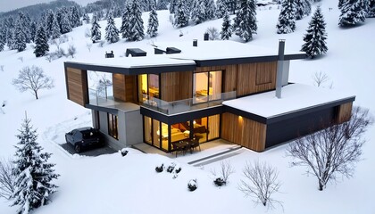 Modern chalet in snowy landscape