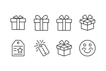Gift and Celebration Line Icons Set &ndash; Includes Gift Boxes, Tags, Open Packages, Envelope with Star, and Smiley Face