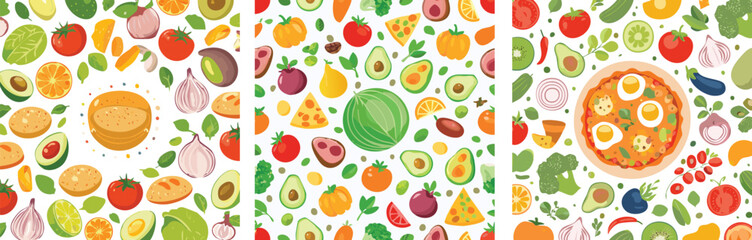 A vibrant triptych of food illustrations featuring fresh produce, cheese, pizza, and soup.