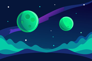 Moon and planet in dark blue night sky with stars, an astronomy illustration