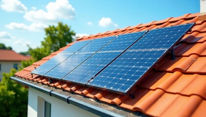 Solar panels neatly arranged on a residential roof , rooftop, panels