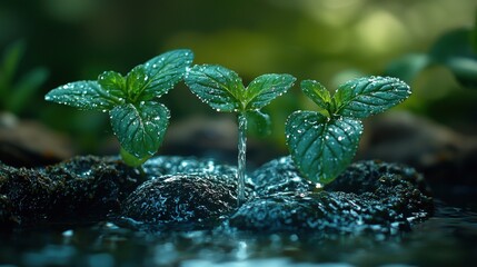 Solar powered irrigation system releases measured stream of water onto young sprouts in lush environment, promoting efficient resource use and healthy growth