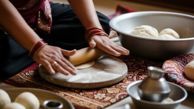 Puran poli woman preparing sweet chapati with rolling pin, perfect for Indian cooking blogs, recipe websites, and cultural publications.