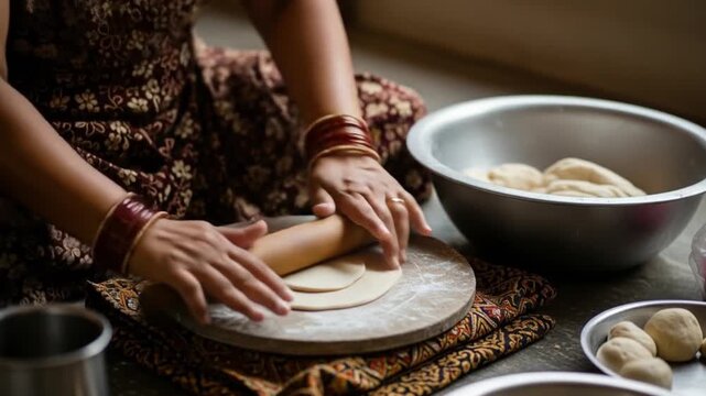 Puran poli woman preparing sweet chapati with rolling pin, perfect for Indian cooking blogs, recipe websites, and cultural publications.