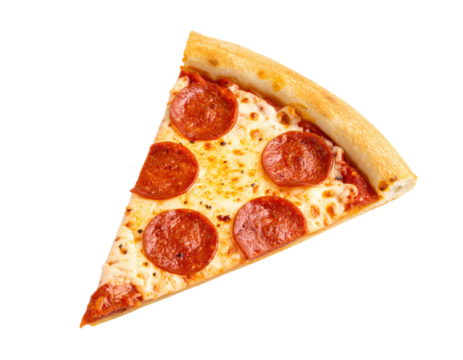 Freshly baked pepperoni pizza slice on white background PNG
