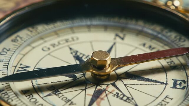 Vintage compass needle spins wildly on map, symbolizing being lost.