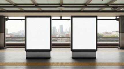 Blank billboard poster stand mock up on platform of raillway station