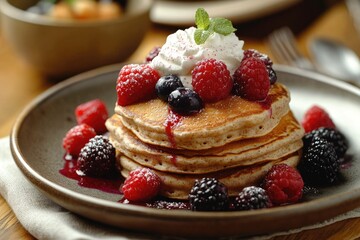 A stack of fluffy pancakes topped with fresh berries, whipped cream, and a berry sauce.