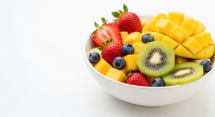 Colorful bowl of fresh fruits including mango, strawberries, blueberries, and kiwi on a white background