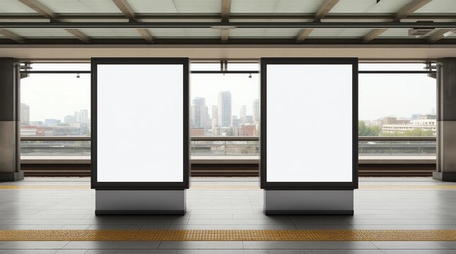 Blank billboard poster stand mock up on platform of raillway station