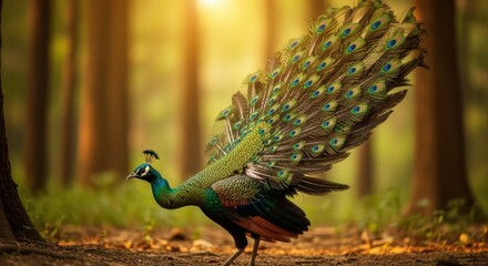 Majestic peacock displaying its vibrant feathers in a sunlit forest, surrounded by lush greenery