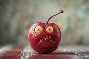 3d illustration of an angry cherry character showing teeth on a red surface