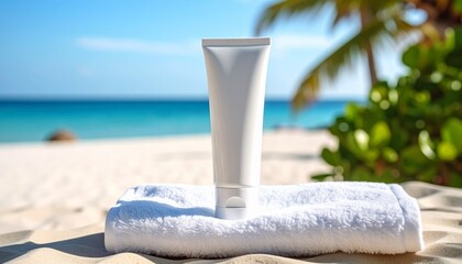 tube of skincare product remaining on a beach towel 