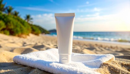 tube of skincare product remaining on a beach towel 