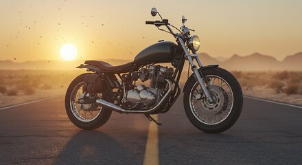 Obraz premium Golden Hour Ride: Classic Motorcycle on a Desert Road at Sunset