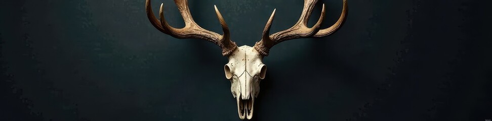 Ornate deer skull, antique style, dark background, black, skull, illustration