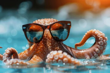 Funny octopus wearing sunglasses swimming in a turquoise tropical sea during summer vacation