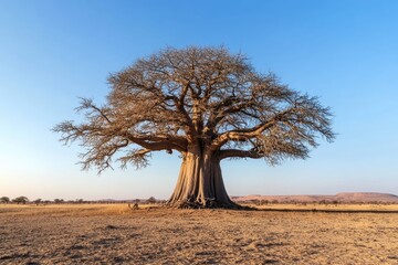 Obraz premium A majestic baobab tree stands alone in a vast, dry African savanna under a clear blue sky.
