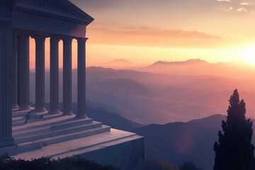 Obraz premium Ancient temple on mountaintop at sunset, serene landscape, majestic view.