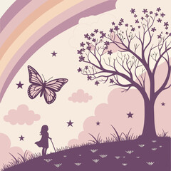 Whimsical Silhouette of Girl Watching Butterfly with Rainbow and Blossoming Tree