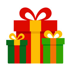 Festive stack of red green and yellow gift boxes with ribbons