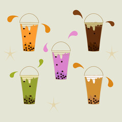 Collection design of bubble tea cup, Pearl milk tea. Vector
