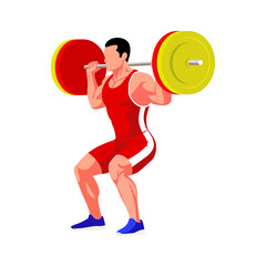A male weightlifter performing a squat. Strong vector art depicting fitness, strength, and heavy lifting in action.