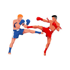 Two Muay Thai fighters in dynamic action, one kicking, one blocking. Vibrant vector art depicting a powerful martial arts combat.