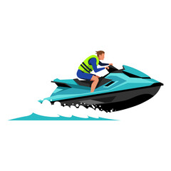 Vector illustration of a person riding a jet ski at high speed. The rider, wearing a life vest, zips across the water, capturing the thrill of this exciting summer water sport.