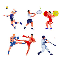 A set of vector illustrations featuring athletes from various sports. This collection includes volleyball, tennis, weightlifting, Muay Thai/kickboxing, and baseball players in action.