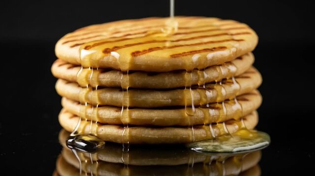 Puran poli pancakes with honey on black, Indian dessert concept. Suitable for food blogs, recipe websites, and cultural publications.