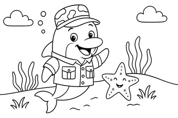 Obraz premium A cute dolphin in a military outfit smiles underwater beside a cheerful starfish. A fun and unique sea-themed coloring page for kids